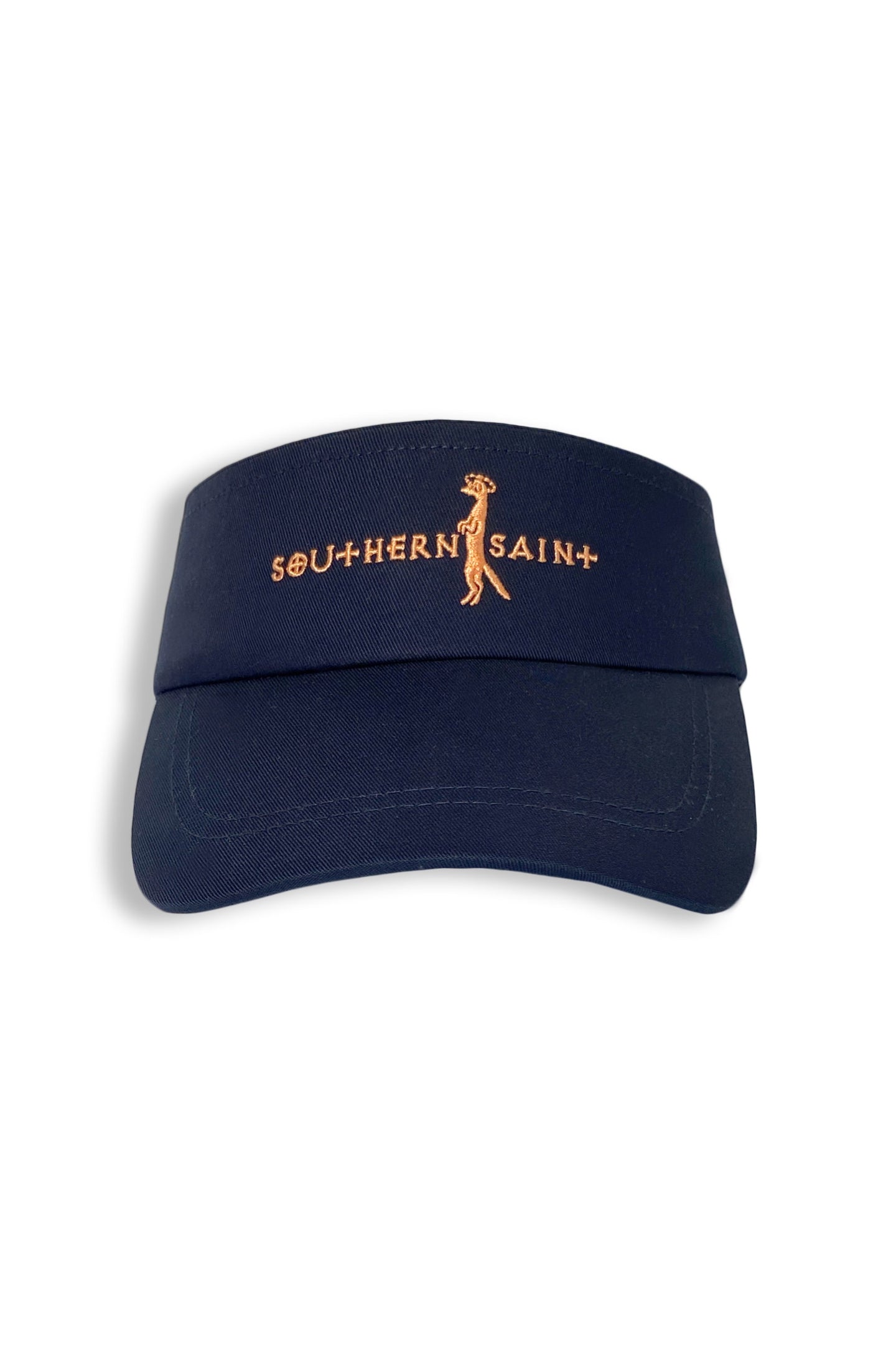 Our favorite visor is perfect for running, golfing, hiking, or serving it up during tennis! Mesh band that helps keep you cool and soaks up all that hard work.  Southern Saint embroidered on the front.  Shown here in Navy with Peach embroidery.